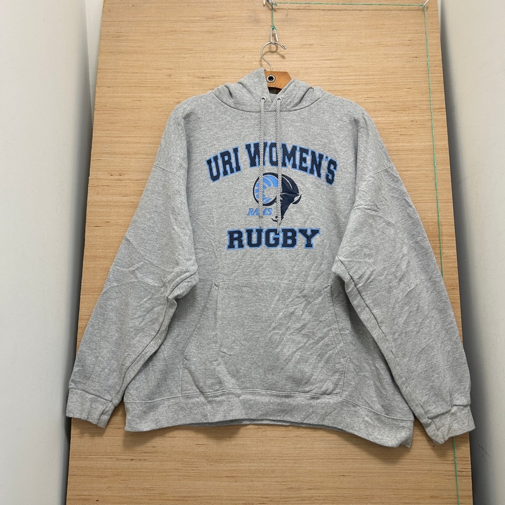 Vintage URI Womens Rugby Rams Hoodie Heather Grey Cotton Fleece Sweatshirt Large